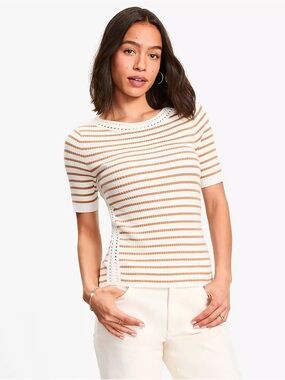 Loft - Striped Short Sleeve Knit Top in Cream and Tan